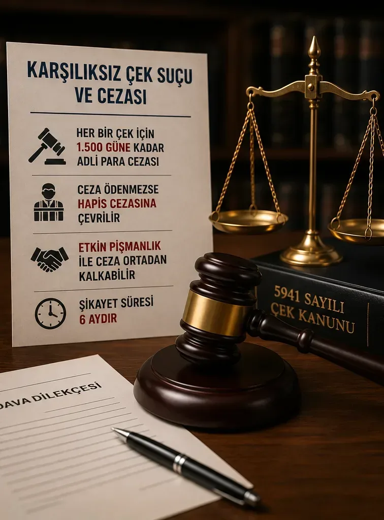 Karşılıksız çek suçu ve cezasını simgeleyen adalet terazisi ile çek hukuku görseli