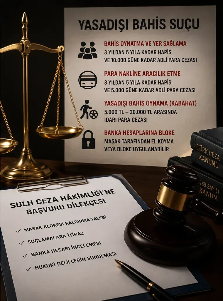 Yasadışı bahis suçu kapsamında hapis cezaları, MASAK banka blokesi ve hukuki başvuru sürecini temsil eden terazi ve adalet temalı görsel