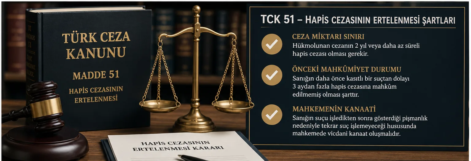 TCK 51 kapsamında hapis cezasının ertelenmesi şartlarını, ceza miktarı sınırını, önceki mahkûmiyet durumunu ve denetim sürecini açıklayan hukuki bilgilendirme görselidir.