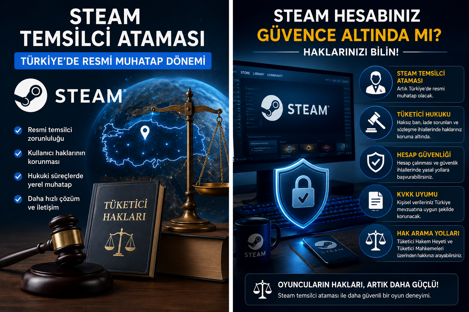 Steam temsilci ataması kapsamında Türkiye’de oyuncu hakları, tüketici hukuku ve dijital oyun platformlarına ilişkin bilgilendirici görsel